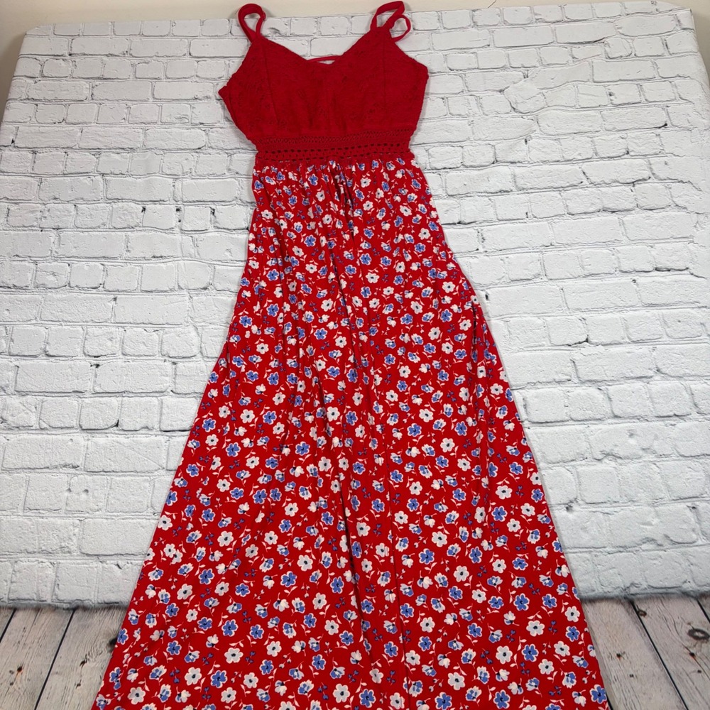 No Boundaries Red Floral Maxi Romper Dress Crochet Lace Bodice Small 3-5